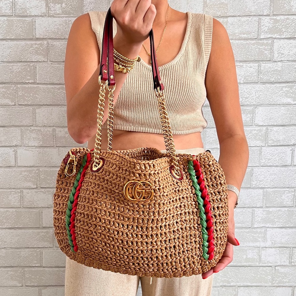 Limited Edition Gucci Marmont Rafia Crochet Tote Bag.